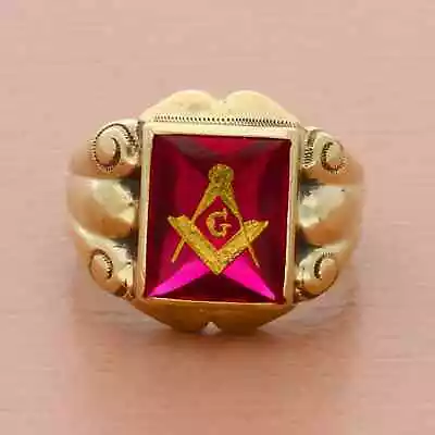 Vintage 10k Yellow Gold Mens Free Mason Masonic Lab-created Ruby Signet Ring 9 • $550