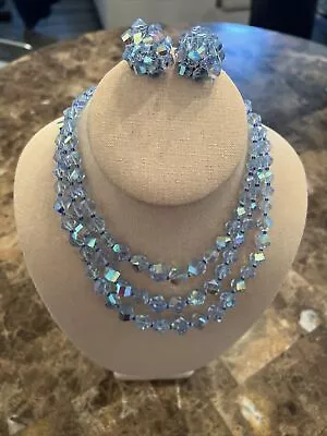Vintage Vendome STYLE Blue AB Crystal Choker Necklace & Earrings Set Clip On • $129.99