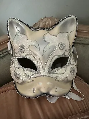Venetian Cat Mask Made In Italy Hand Painted Silver Pink Gray Glitter 6x7.5” Tie • $29