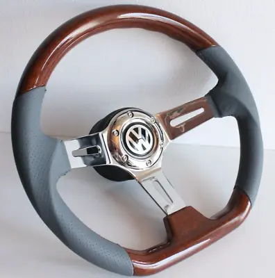 Steering Wheel Fits For VW Wood Flat Grey Leather Golf  Mk2 Mk3 Corrado 88-95 • $208.84