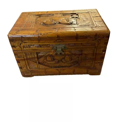 Antique Asian Camphor Wood Chest Box Silk Lined Carved Hinged 12” X 7 1/2” X 7” • £91.56