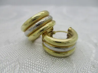 VINTAGE JEWELRY CARLA SOLID 14k YELLOW WHITE GOLD HUGGIE HOOP PIERCED EARRINGS • $229