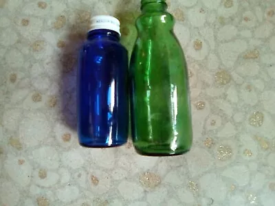 Antique / Vintage Cobalt Blue Bromo Seltzer Bottle 5  Tall W/ Lid Lot 2 6  Green • $15