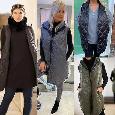 Womens Hooded Quilted Zip Up Gilet Waistcoat Padded Winter Vest Long Bodywarmer • £16.99