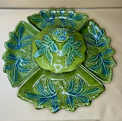 MCM VTG Blue & Green Leaf Pottery Snack Set W/ Bowl & Lid 6 Pcs USA Calif. • $32