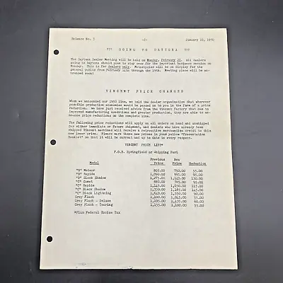 Vincent Motorcycle Price Change Memo January 15 1950 • $20