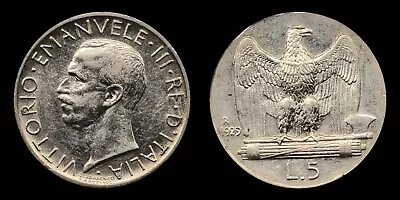 1929 Italy 5 Lire .835 Silver King Vittorio Emanuele II Eagle In Profile • $10