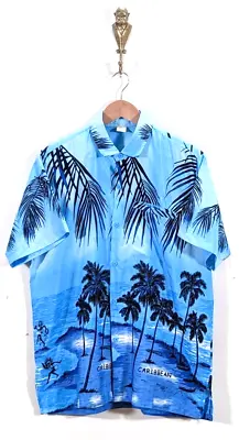 Vgc 90's Vintage Rima Blue Wavey Shirt Palm Beach Pattern Short Sleeve • £22