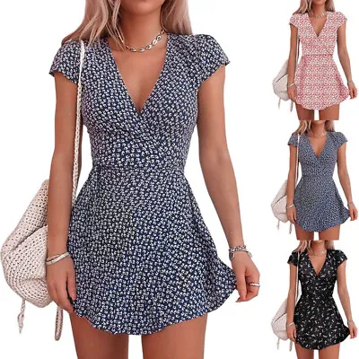 £11.89 • Buy Womens Floral Boho V Neck Mini  Dress Ladies Beach Holiday Short Sleeve Sundress