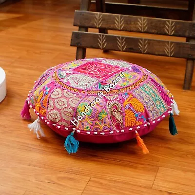Patchwork Pillows Hand Art Embroidery Cushion Cotton Round Floor Pouffe Cover • $48.40