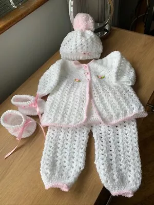 £16.99 • Buy Baby Pram Set Caedigan Pants Hat Bootees 0 To 3 Months White/Pink