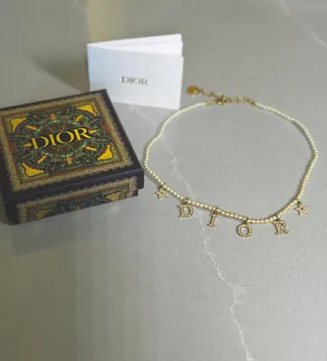 Dior Pearl Crystal Star Charm Necklace Choker Gold • £225