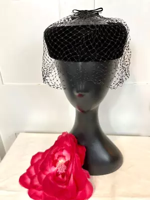 Vintage 1950s Black Velvet Band Hat With Veil • $25