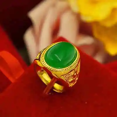 Vintage Men's Wedding Ring 2.2Ct Oval Natural Green Jade 14k Yellow Gold Finish • $213.67