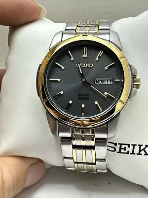 Seiko SNE098 Solar Grey Dial Luminous Two Tone BAND DAY/DATE Men's Watch R9 • $11.50