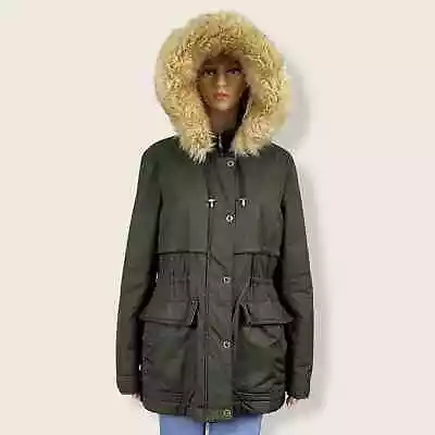 ZARA TRF Trafaluc Olive Army Green Hooded Heavy Parka Coat LARGE Faux Fur Trim • $100