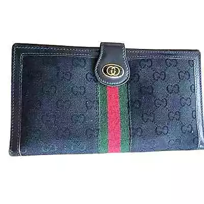 Vintage Gucci Wallet Sherry GG Canvas Monogrammed Red Green Stripe • $315