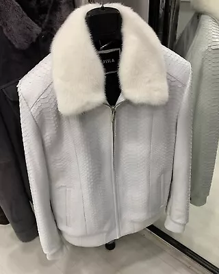 Men's Genuine Python Skin Mink Fur Collar White Luxury Exotic Leather Jacket • $1850
