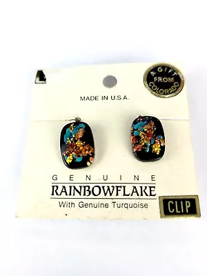 Vintage Rainbow Flake Clip On Earrings Turquoise Gold Flake • $7.50