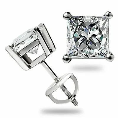 3.0 Ct Princess Cut MOISSANITE Stud Earrings Solid 14K White Gold Screwback Gift • $149.51