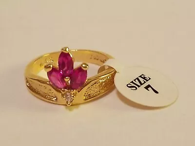 14k HGE Yellow Gold Lind Signed Jewelry Ring Size 7 Red & Clear Stones NWT • $9