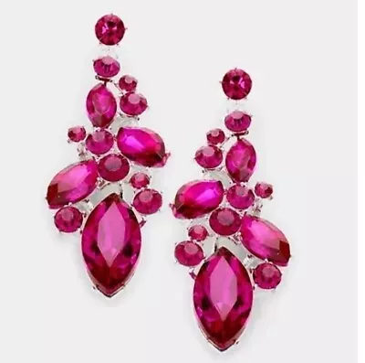 2.75  Pink Fuchsia Dangle Long  Pageant Rhinestone Crystal Silver Earrings Party • $15