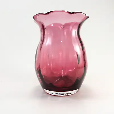 Vintage Pilgrim Cranberry Glass Vase Optical RuffledRim Hand Blown 3.5” Tall • $10.49