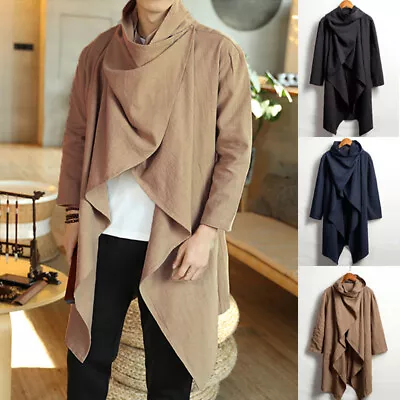 Men's Long Sleeve Cotton Linen Shawl Poncho Cape Coat Pullover Cloaks Jacket Top • $24.52