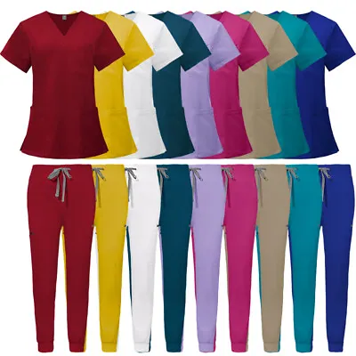 Wholesale Stretch Scrub Sets Medical Nurse Uniform V-Neck Tops Yoga Jogger Pants • $28.97