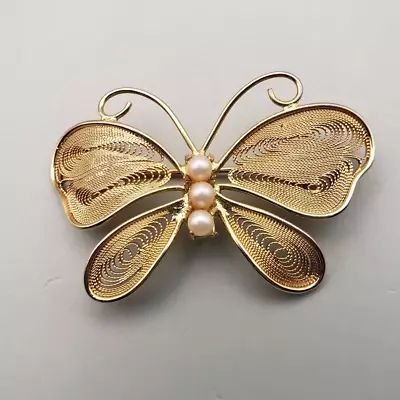 $11.20 • Buy Vintage Napier Brooch Butterfly Gold Tone Faux Pearl Wired