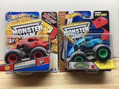 Hot Wheels Monster Jam CRUSHSTATION TRUCK Lot Of 2 2012 Red And 2016 Blue • $50