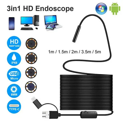 3 In1 USB Type-C Endoscope Inspection Borescope 5.5/7/8mm Lens HD Camera IP68-hf • $6.88