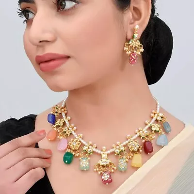 Bollywood Gold Plated Kundan Meenakari Choker Necklace Bridal Indian Jewelry Set • $31.99