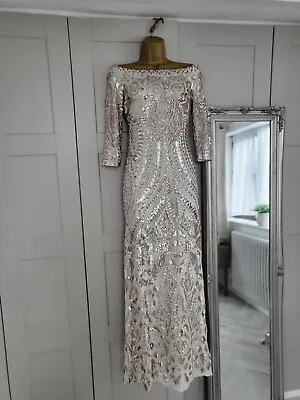 Quiz Gold Sequin Ballgown Bardot Maxi Art Deco Evening Party Prom Dress Size 10 • £39.99