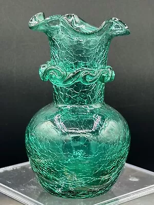 Vintage Green Pilgrim Crackle Glass Vase With Applied Design • $19.75