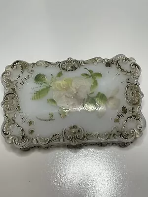 Victorian Milk Glass Hand Painted Trinket Vanity Box Ring Of Fire • $12