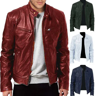 Mens Leather Jacket Motorcycle Stand Collar Biker Coat Zip Up Outwear Top Hot • $30.11