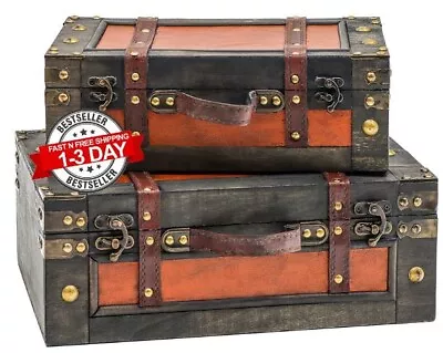 Vintage Decorative Suitcases Trunk Retro Wood Leather Craft Antique Storage 2pcs • $107.94