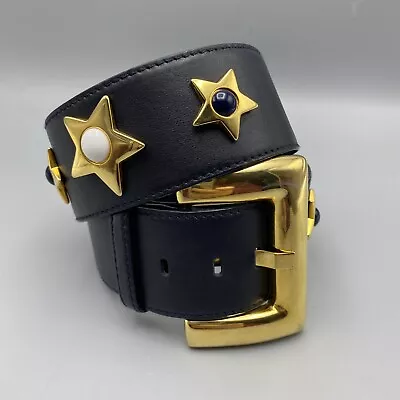 Vintage ESCADA Designer Wide Black Belt Gold Stars Studded Brass Size 26.5 - 29 • $89.99