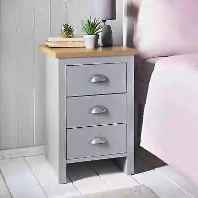 Oak Finish Grey Millbrook 3 Drawer Bedside Table Cabinets With Metal Handle • £69.99