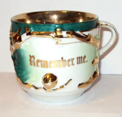 Porcelain Embossed Moustache Tea Coffee Cup Mug Remember Me Green Gold • $17.99