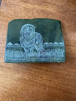 Etched Lion Verdite Green Stone Dated Signed Ronnie Gems South Africa Rock 4” • $42.99