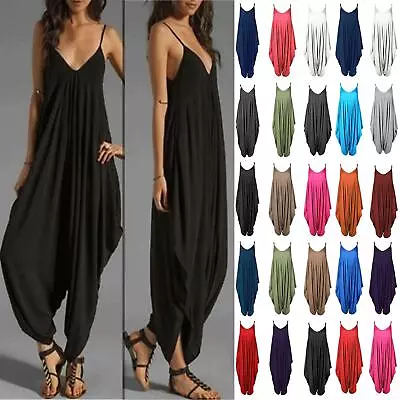 £9.49 • Buy Womens Ladies Cami Thin Strappy Full Length Italian Drape Baggy Harem Jumpsuit