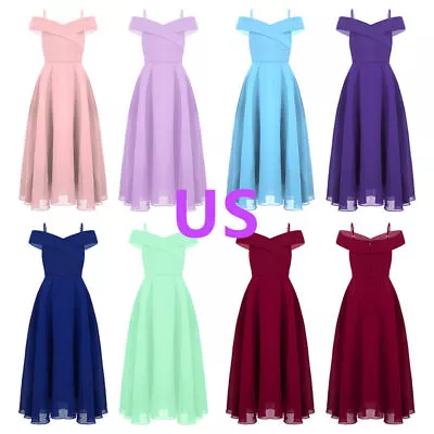 US Kids Flower Girls Dresses Off Shoulder Chiffon Bridesmaid Pageant Gown Dress • $24.39