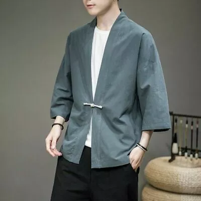 Men Cotton Linen Kimono Cardigan Retro Chinese Jacket Coat Yukata Haori Tops • £33.10