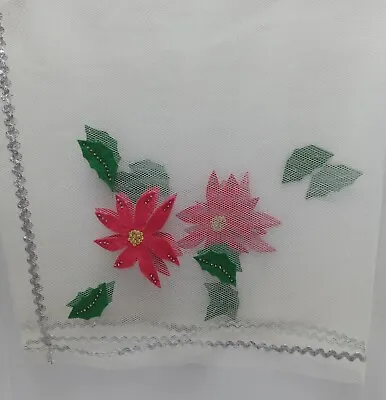 Vtg Handmade Netting Christmas Tablecloth  Pointsettias Sequins WHITE W/Silver • $14.95