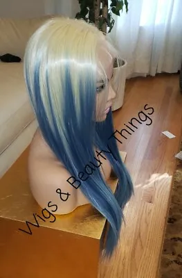 Long Front Lace Wig - Human Hair Blend - Blue Balayage Rainbow Multicolor Silk • $135