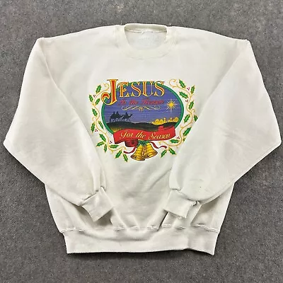 VINTAGE Jesus Sweater Mens XL White Graphic Christmas Pullover Sweatshirt 90s • $7.96