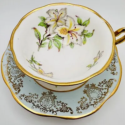 English Bone China Easter Lily Cup & Saucer Blue Gold Gilt; Vintage Teacup • $34.99