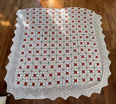 Vintage Handmade Crocheted Orange Flower / White Queen Size Bedspread 90 X 90  • $19.99